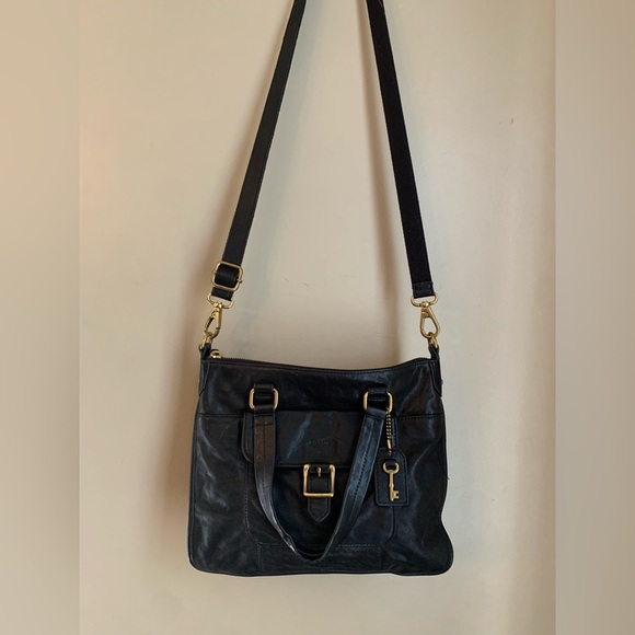 Fossil Handbags - Fossil Becca Crossbody Satchel Bag Leather Black Brass crossbody Handbag